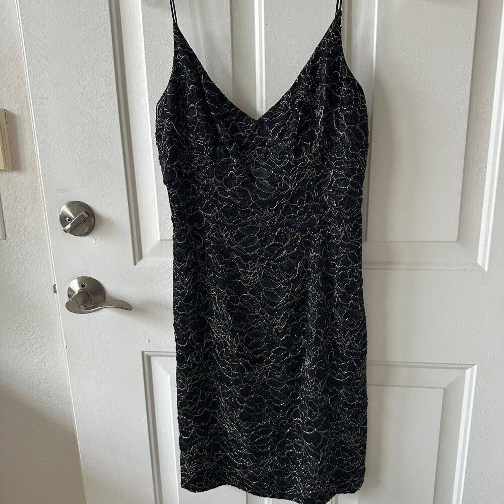Carmen Marc Valvo Signature Black Lace & Gold Cocktail Dress